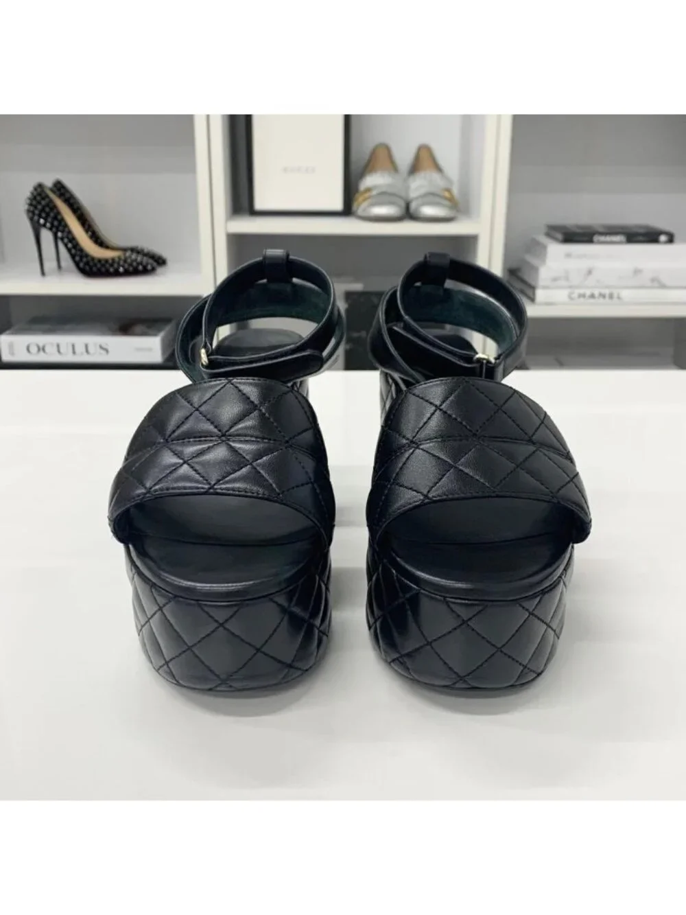 Chanel CC Logo Leather Quilted Strap Sandals Black